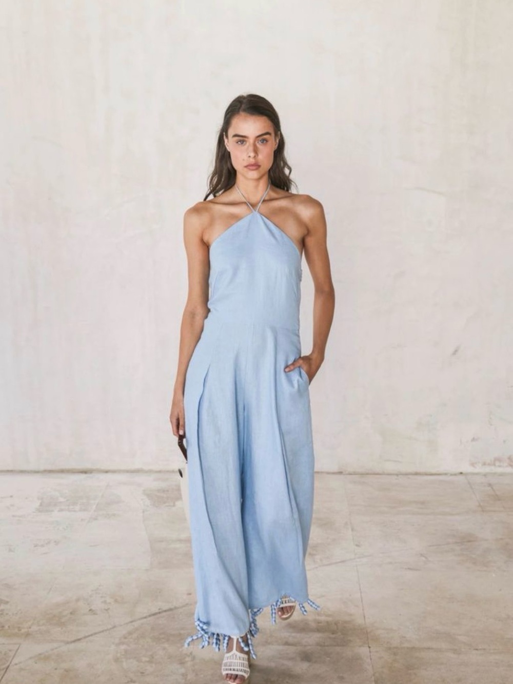 Cult Gaia Light Blue Linen Halter Jumpsuit with Pom Trim